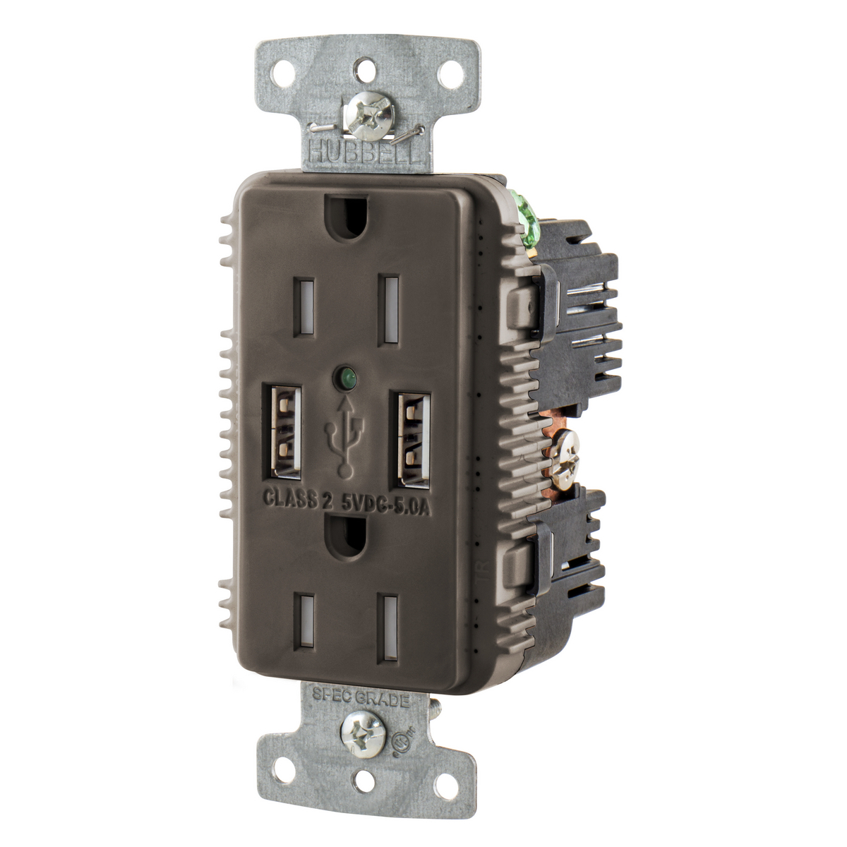 USB15A5 Duplex Grounding Heavy Duty Tamper-Resistant Standard USB Charger Receptacle With Green LED, 15 A, 125 V DC, 1 Phase, 2 Poles, 3 Wires, Brown