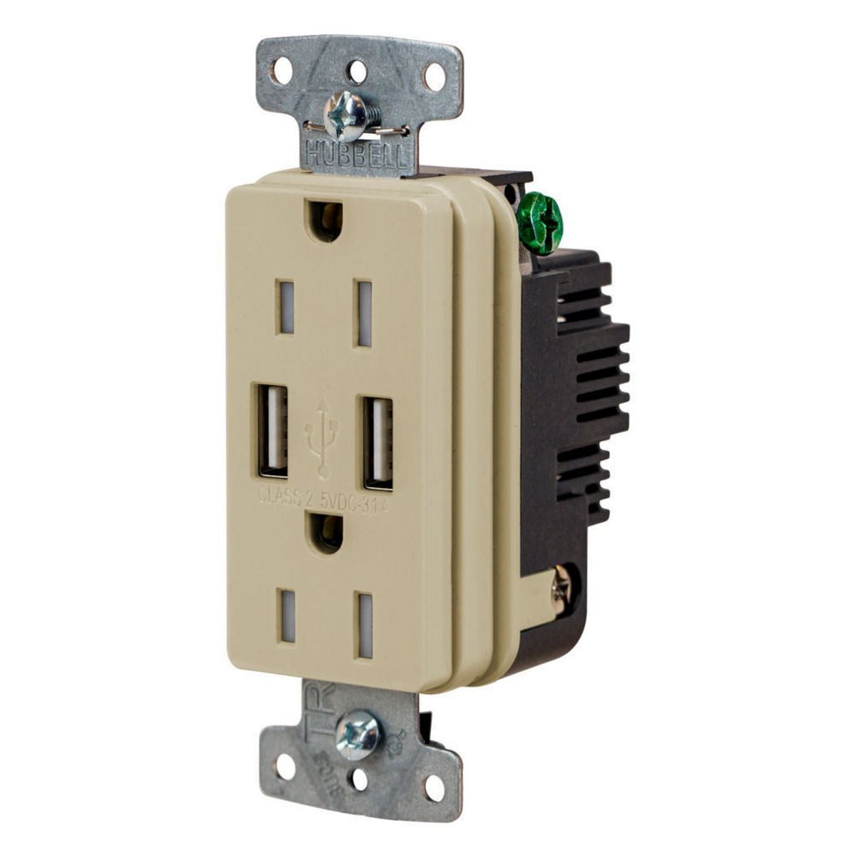 USB15AI Hubbell-PRO Line Decorator Style USB Charger Duplex Receptacle, 15 A 125 V AC, 1 Phase, 2 Poles, 3 Wires, Ivory