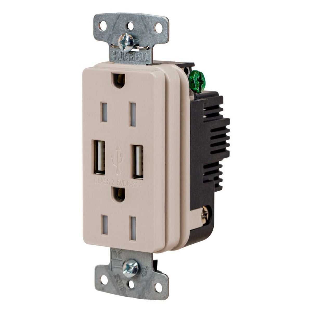 USB15ALA Hubbell-PRO Line Decorator Style USB Charger Duplex Receptacle, 15 A 125 V AC, 1 Phase, 2 Poles, 3 Wires, Light Almond