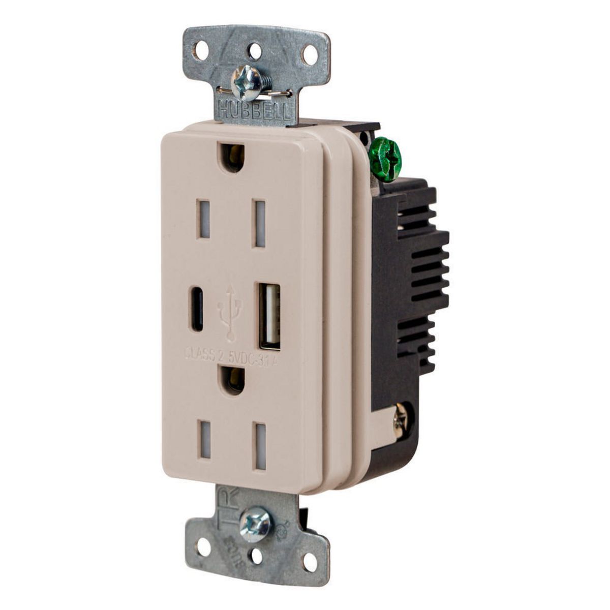 USB15ACLA Hubbell-PRO Line Decorator Style USB Charger Duplex Receptacle, 15 A 125 V AC, 1 Phase, 2 Poles, 3 Wires, Light Almond