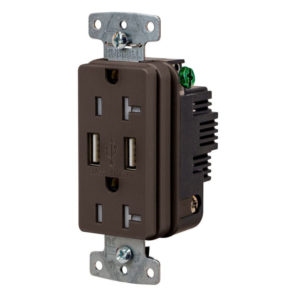 USB20A Hubbell-PRO Line Decorator Style USB Charger Duplex Receptacle, 20 A 125 V AC, 1 Phase, 2 Poles, 3 Wires, Brown