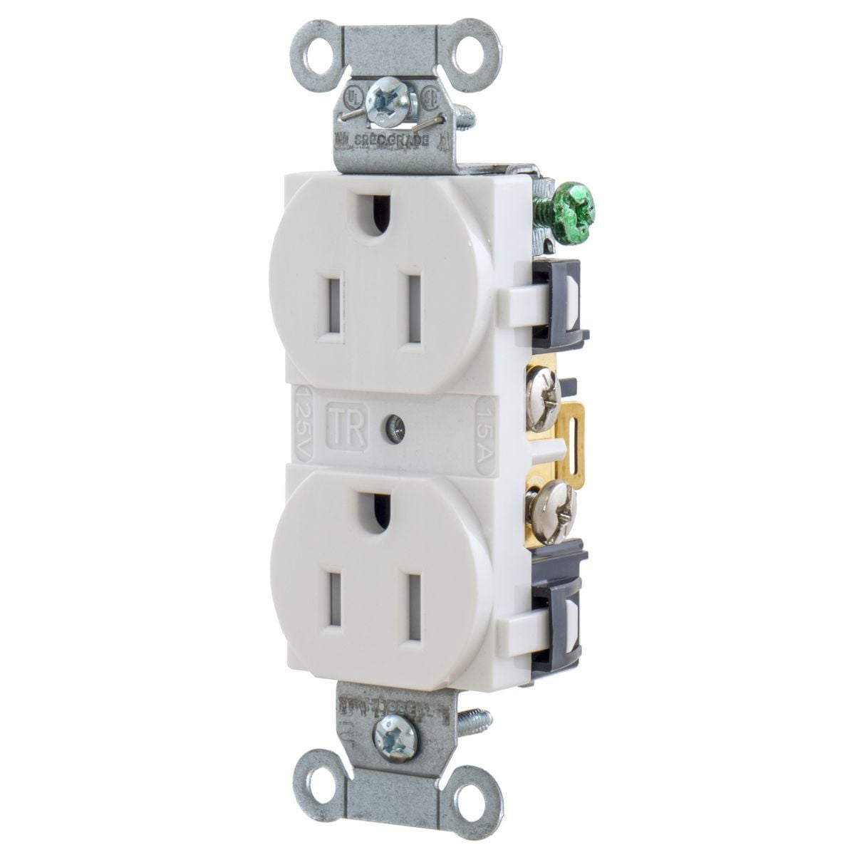 5252WTR 1-Phase Duplex Heavy Duty Self-Grounding Standard Tamper-Resistant Screw Mount Straight Blade Receptacle, 125 VAC, 15 A, 2 Poles, 3 Wires, White