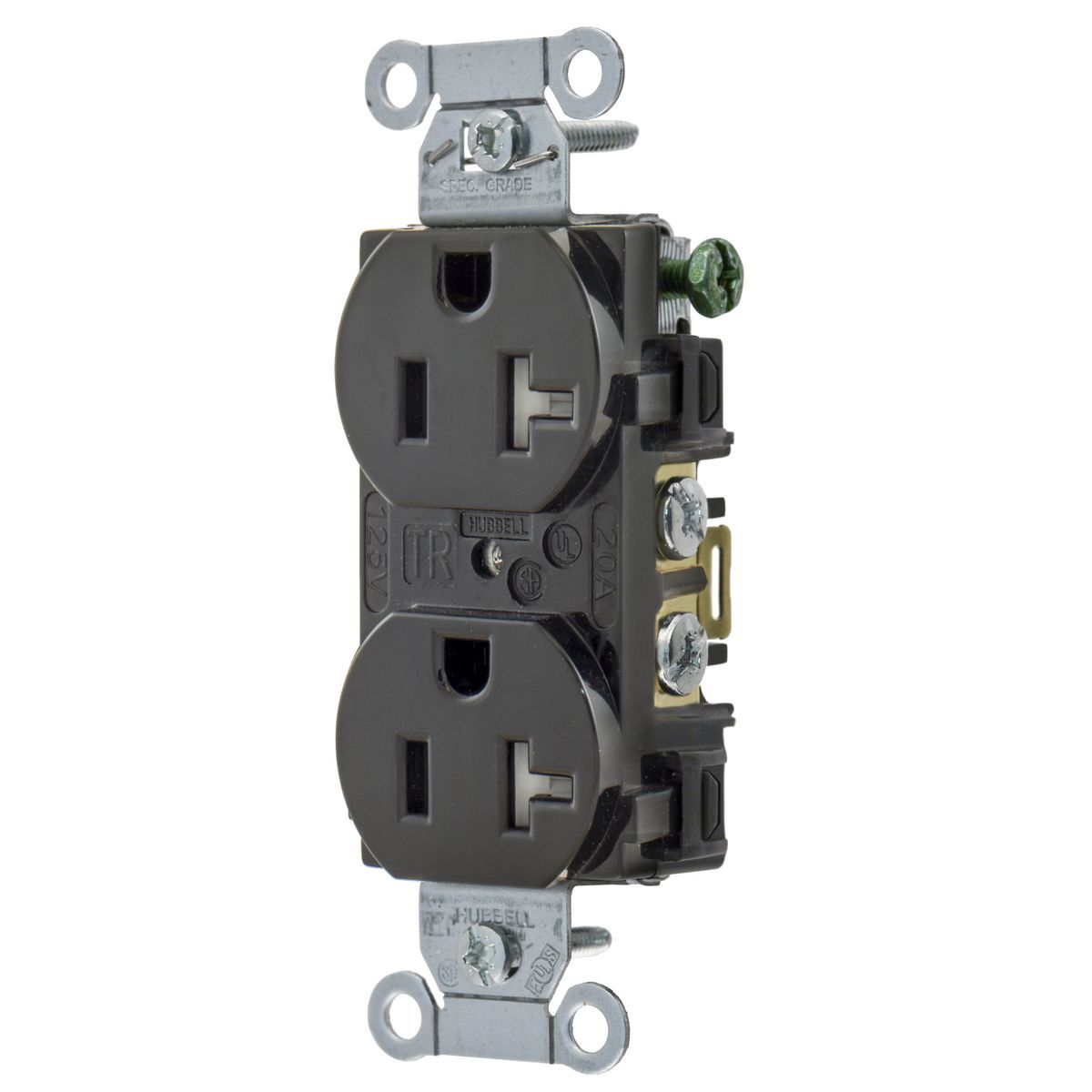 5352BLKTR 1-Phase Duplex Heavy Duty Self-Grounding Standard Tamper-Resistant Screw Mount Straight Blade Receptacle, 125 V AC, 20 A, 2 Poles, 3 Wires, Black