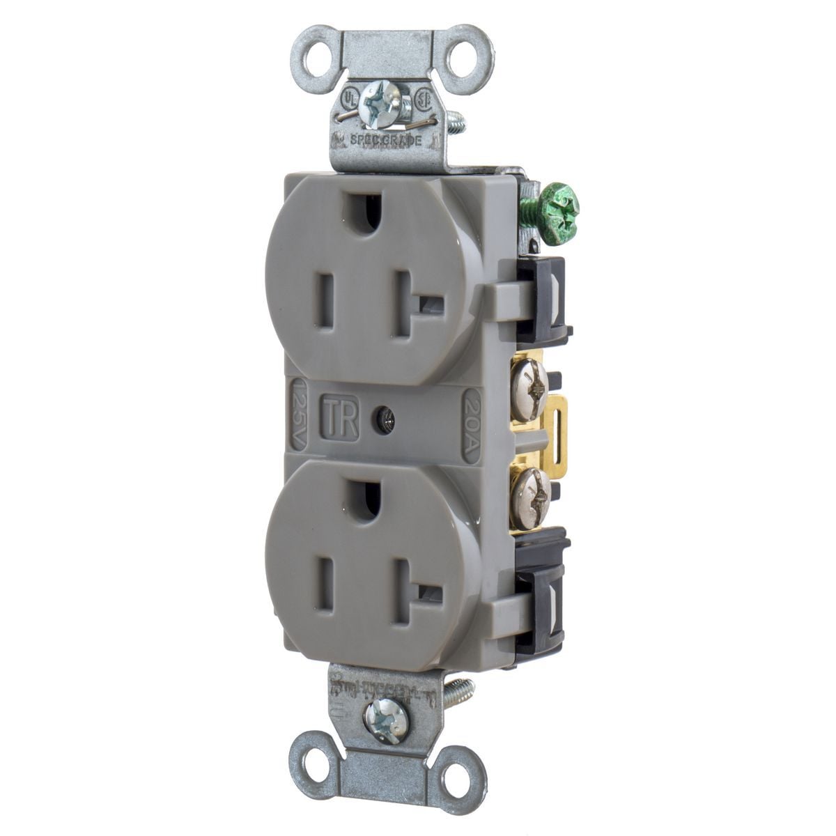 5352GTR 1-Phase Duplex Heavy Duty Self-Grounding Standard Tamper-Resistant Screw Mount Straight Blade Receptacle, 125 V AC, 20 A, 2 Poles, 3 Wires, Gray