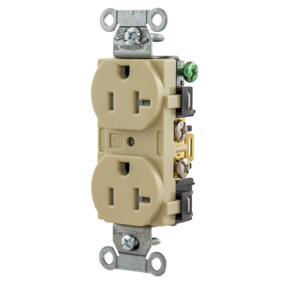 5352ITR 1-Phase Duplex Heavy Duty Self-Grounding Standard Tamper-Resistant Screw Mount Straight Blade Receptacle, 125 VAC, 20 A, 2 Poles, 3 Wires, Ivory