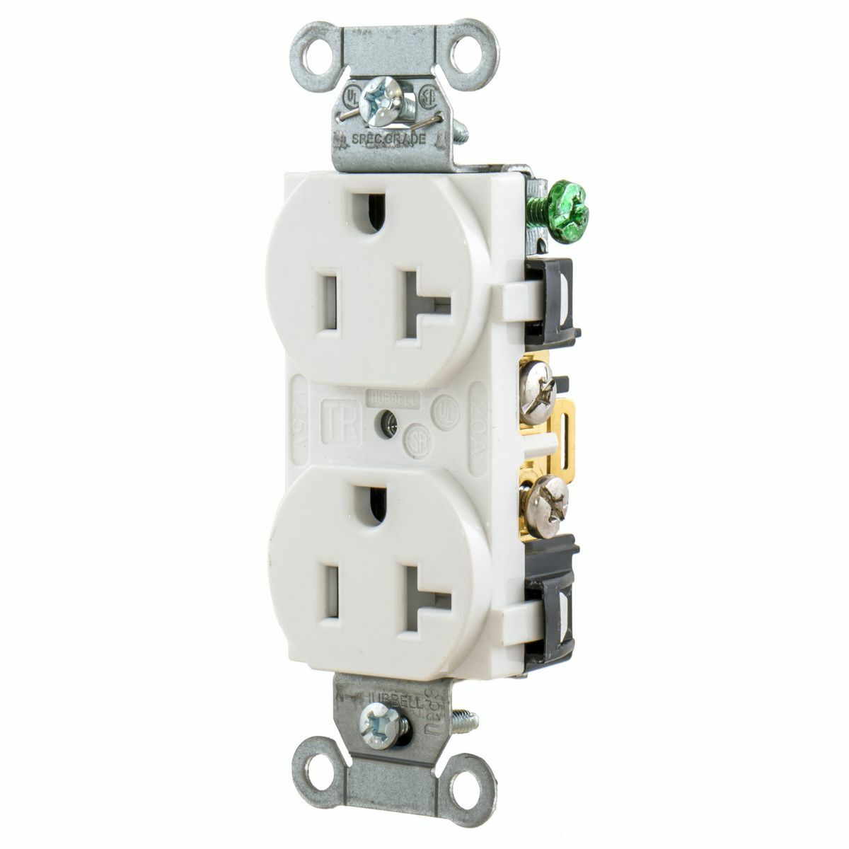 5352WTR 1-Phase Duplex Heavy Duty Self-Grounding Standard Tamper-Resistant Screw Mount Straight Blade Receptacle, 125 V AC, 20 A, 2 Poles, 3 Wires, White