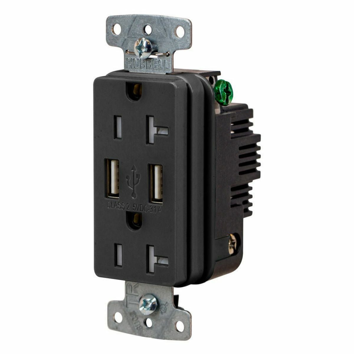 USB20ABK Hubbell-PRO Line Decorator Style USB Charger Duplex Receptacle, 20 A 125 VAC, 1 Phase, 2 Poles, 3 Wires, Black