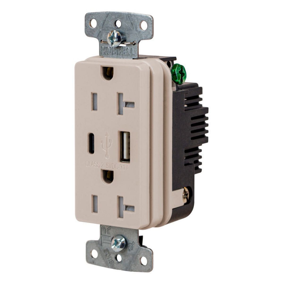 USB20ACLA Duplex Grounding High Power Standard Tamper-Resistant USB Charger Receptacle, 125 V AC 20 A 1815 W, 1 Phase, 2 Poles, 3 Wires, Light Almond