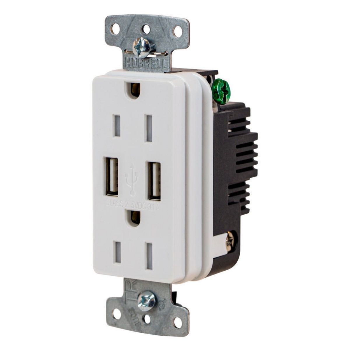 USB15AW Duplex Grounding High Power Standard Tamper-Resistant USB Charger Receptacle, 125 V AC 15 A 1815 W, 1 Phase, 2 Poles, 3 Wires, White