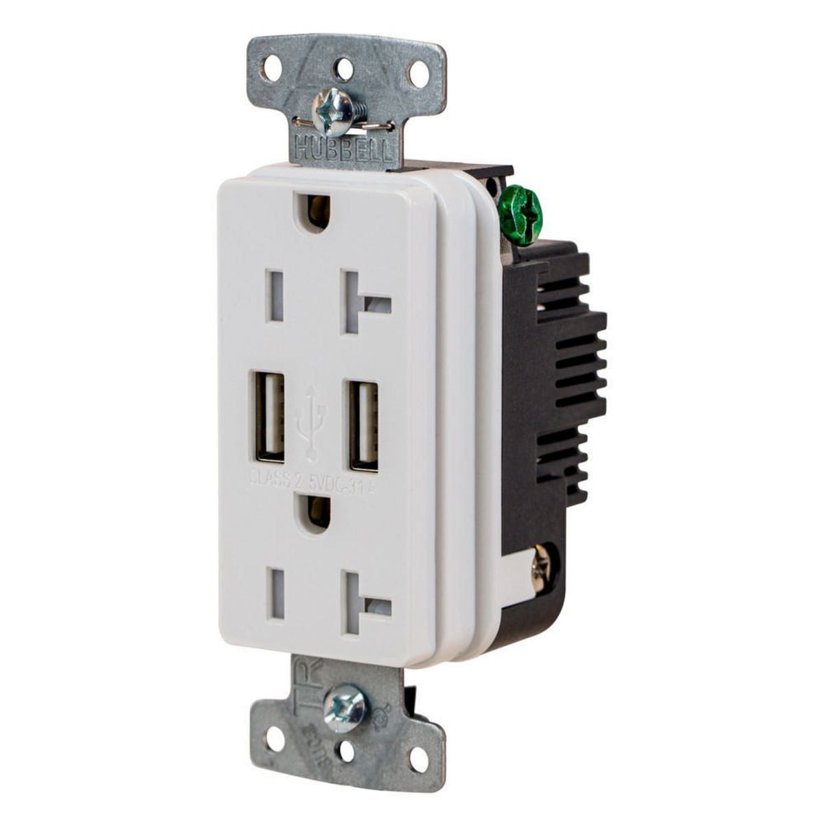 USB20AW Duplex Grounding High Power Standard Tamper-Resistant USB Charger Receptacle, 125 V AC 20 A 1815 W, 1 Phase, 2 Poles, 3 Wires, White