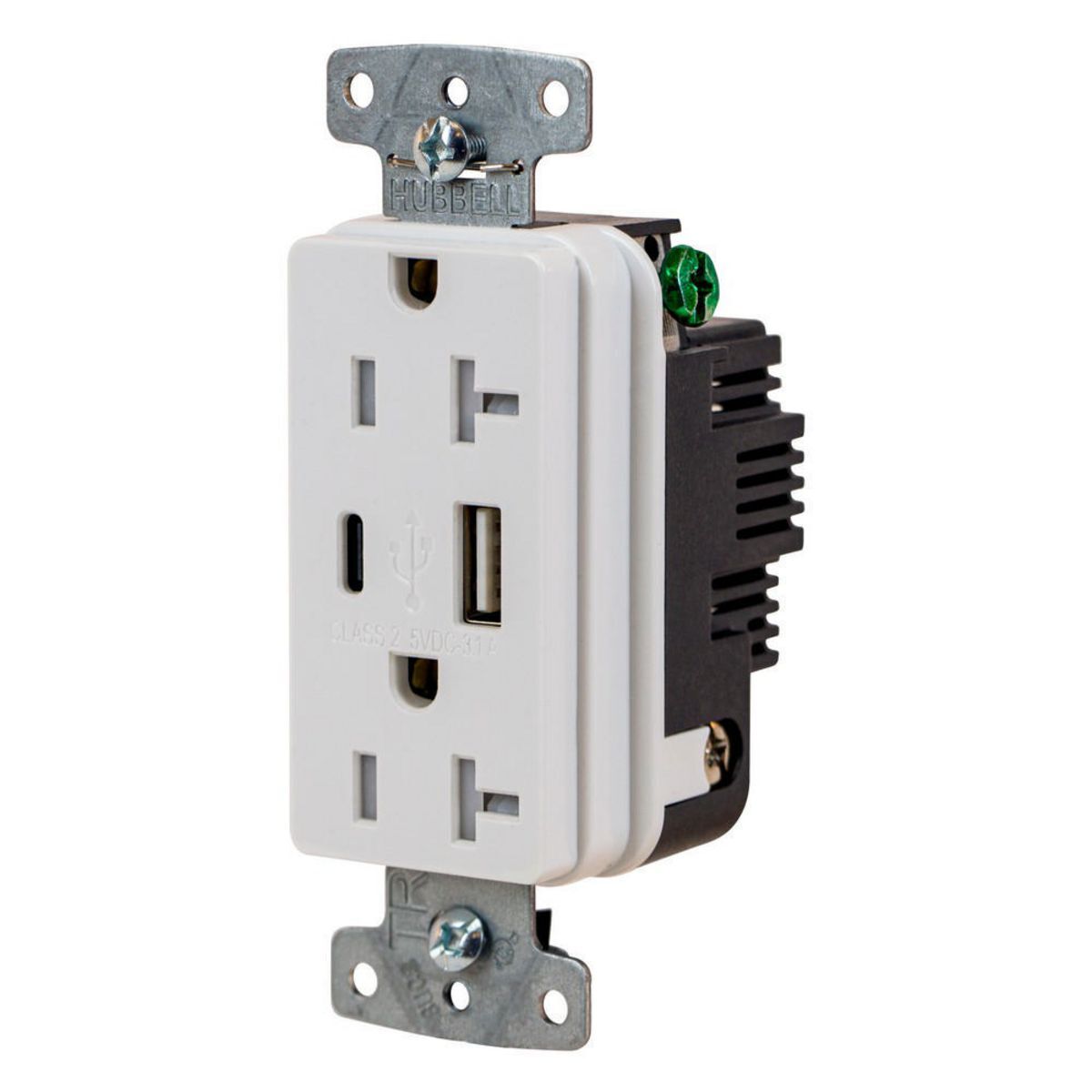 USB20ACW Duplex Grounding High Power Standard Tamper-Resistant USB Charger Receptacle, 125 V AC 20 A 1815 W, 1 Phase, 2 Poles, 3 Wires, White