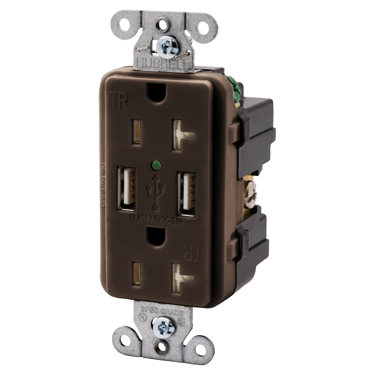 USB20X2 Decorator Duplex Standard Tamper Resistant USB Charger Receptacle, 20 A, 125 V AC, 1 hp, 2 Poles, 3 Wires, Brown