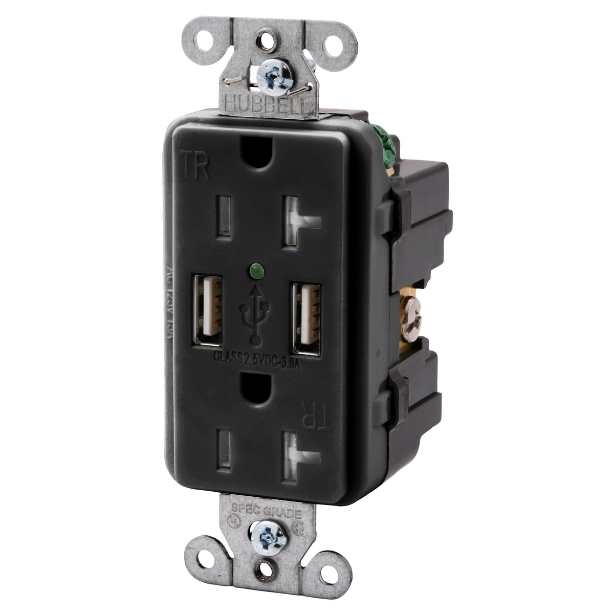 USB20X2BK Decorator Duplex Standard Tamper Resistant USB Charger Receptacle, 20 A, 125 V AC, 1 hp, 2 Poles, 3 Wires, Black