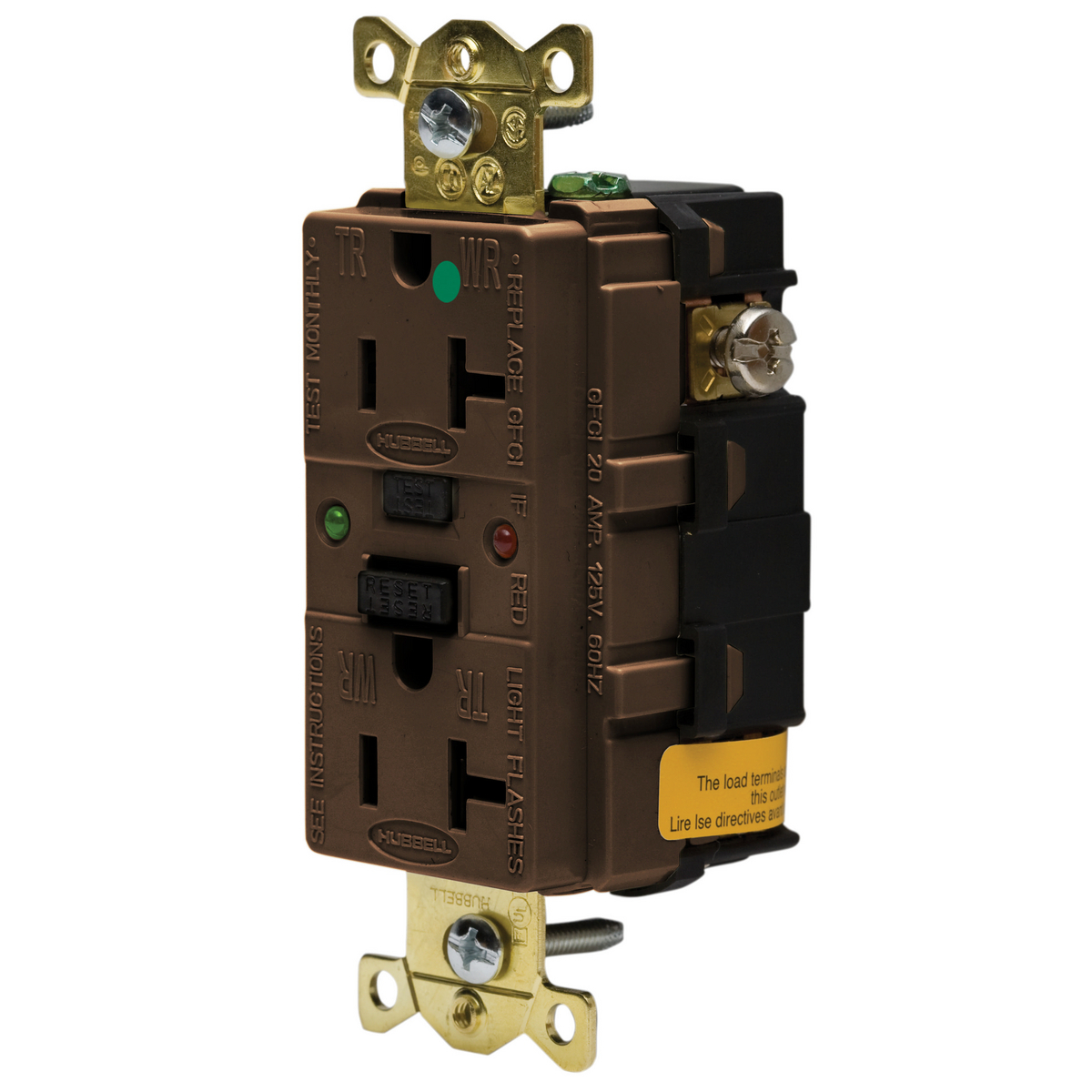 GFR8300SG Decorator Duplex Heavy Duty Standard Self-Test Tamper/Weather-Resistant GFCI Receptacle With LED Indicator, 125 VAC, 20 A, 2 Poles, 3 Wires, Brown