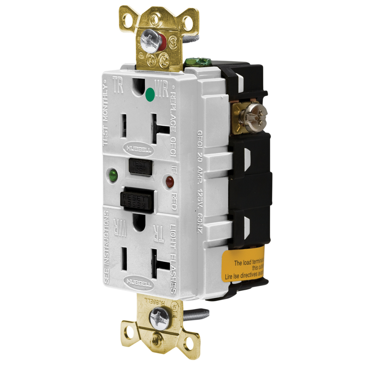 GFR8300SGW Decorator Duplex Heavy Duty Standard Self-Test Tamper/Weather-Resistant GFCI Receptacle With LED Indicator, 125 VAC, 20 A, 2 Poles, 3 Wires, White