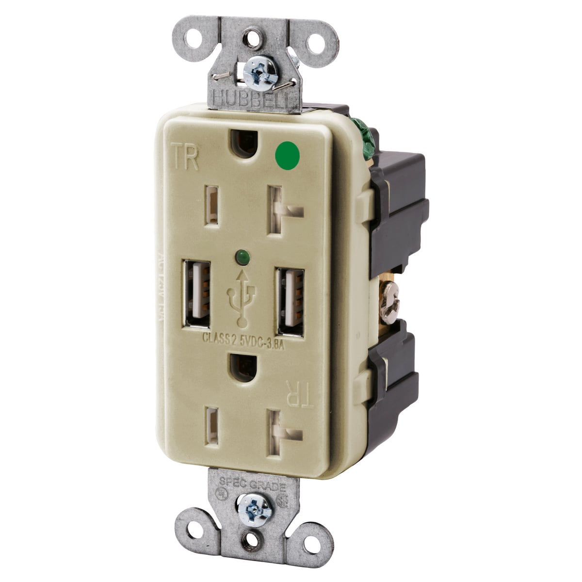 USB8300I Decorator 1-Phase 2-Port Duplex Standard USB Charger Receptacle, 20 A, 125 V AC, 1 hp, 2 Poles, 3 Wires, Ivory
