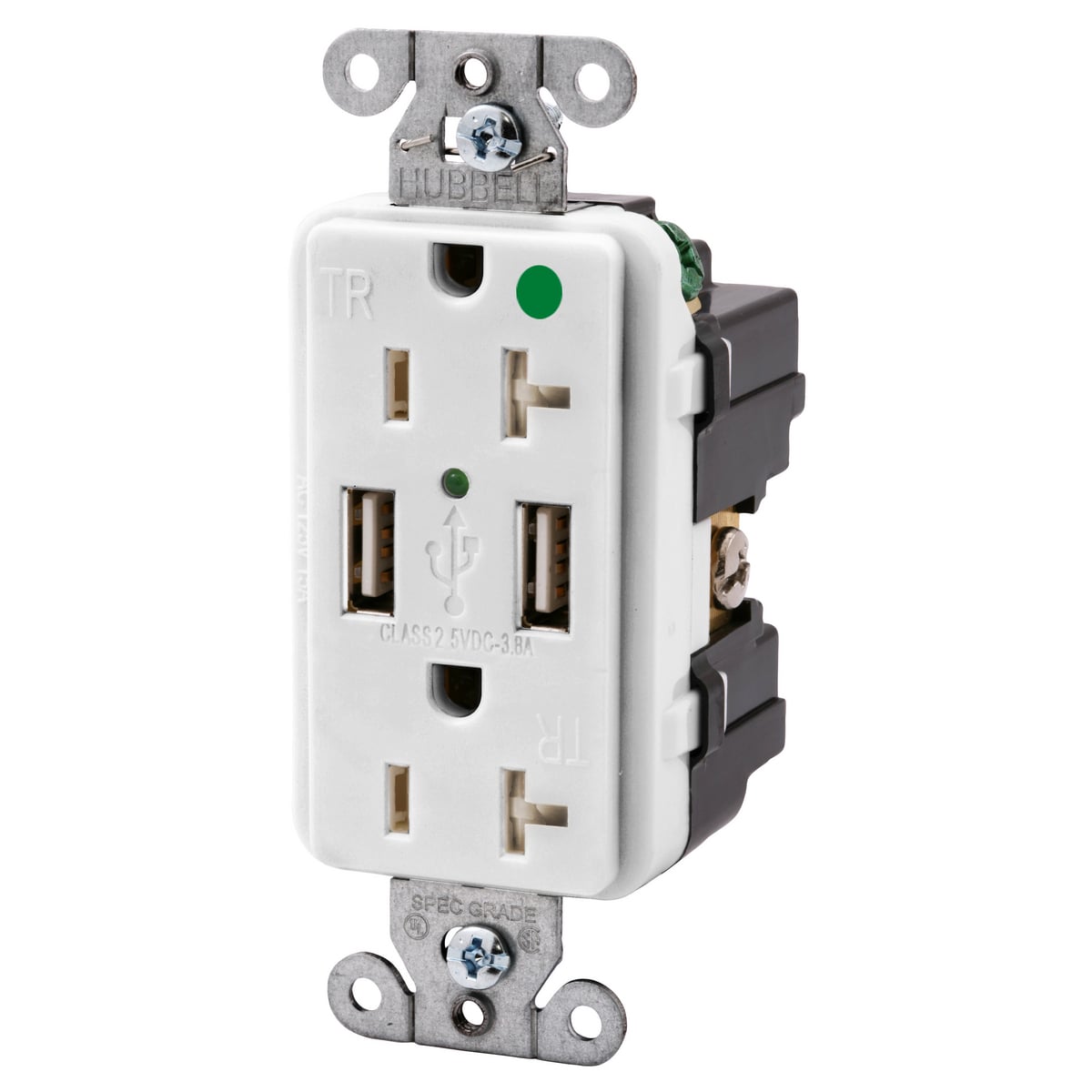 USB8300W Decorator Duplex Standard Tamper Resistant USB Charger Receptacle, 20 A, 125 V AC, 1 hp, 2 Poles, 3 Wires, White