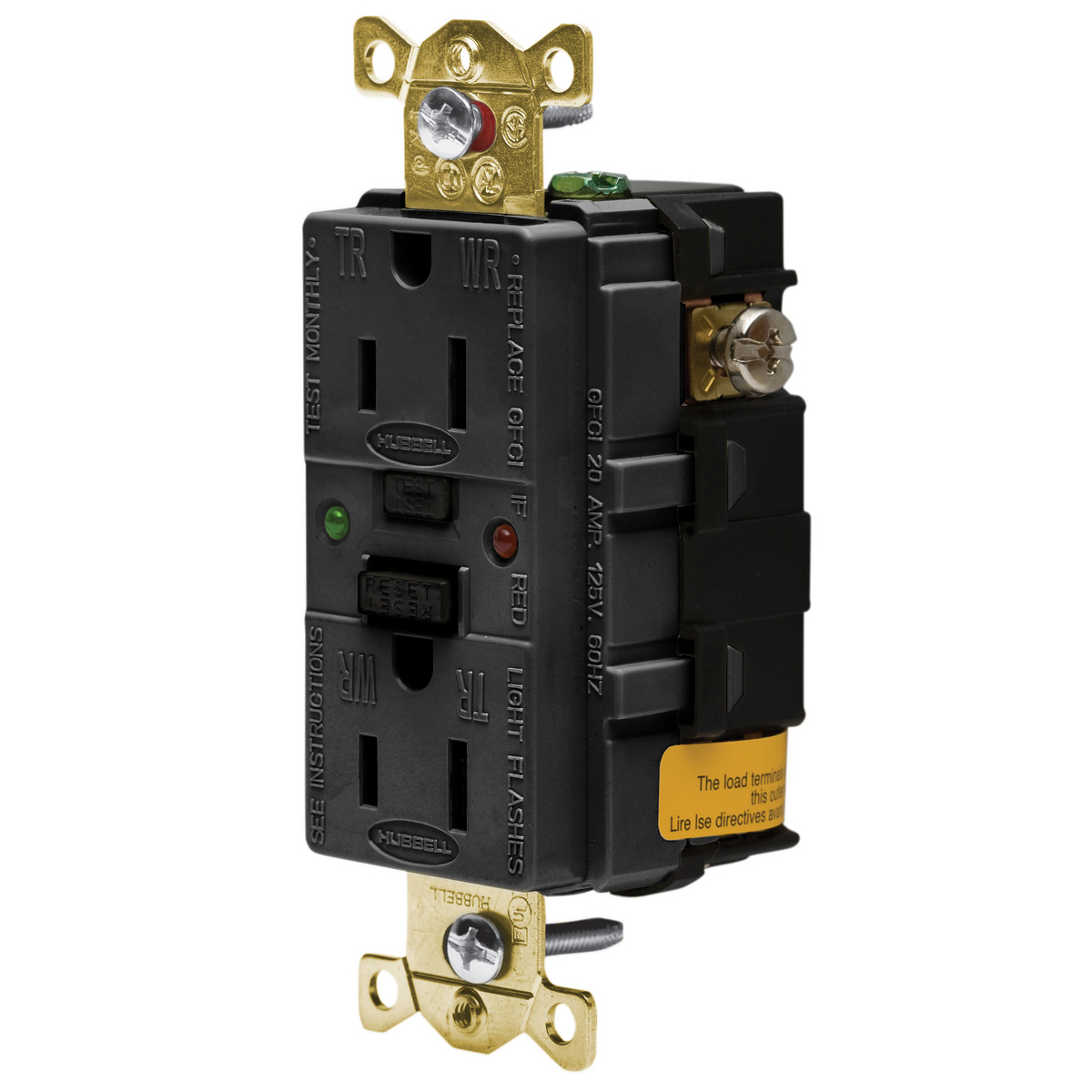 GFR5262SGBK 1-Phase Decorator Duplex Heavy Duty Standard Self-Test Tamper/Weather-Resistant GFCI Receptacle, 125 VAC, 15 A, 2 Poles, 3 Wires, Black