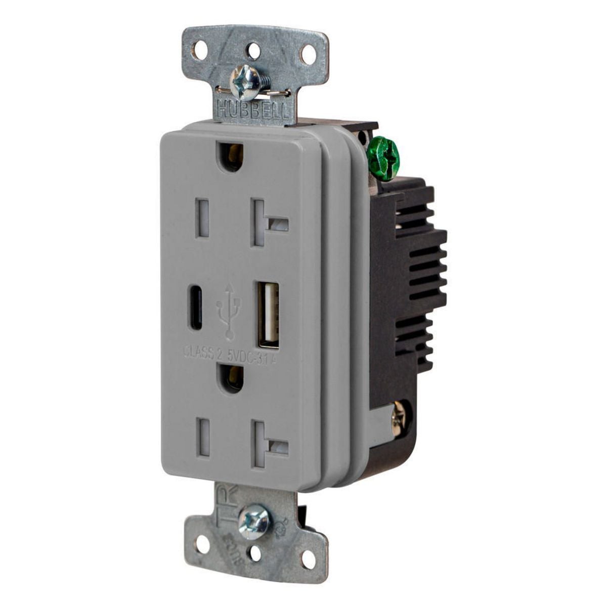 USB20ACGY Hubbell-PRO Two Type-C Ports USB Charger Duplex Receptacle, Electrical Ratings: 20 A, 125 V, 1 Phase, 2 Poles, 3 Wires, Gray