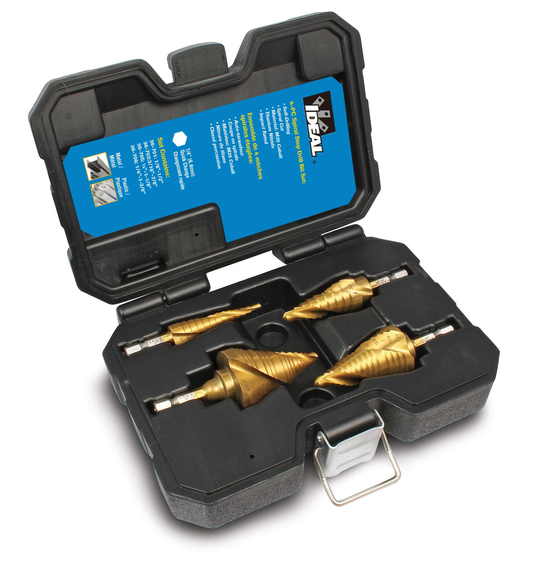 36-700 Spiral Step Drill Bit Kit, 1/8 in, 3/16 in, 1/4 in Min Drill Bit, 1/2 in, 7/8 in, 1-1/8 in, 1-3/8 in Max Drill Bit, 4 Pieces, M35 HSS/Cobalt, TiN Coated