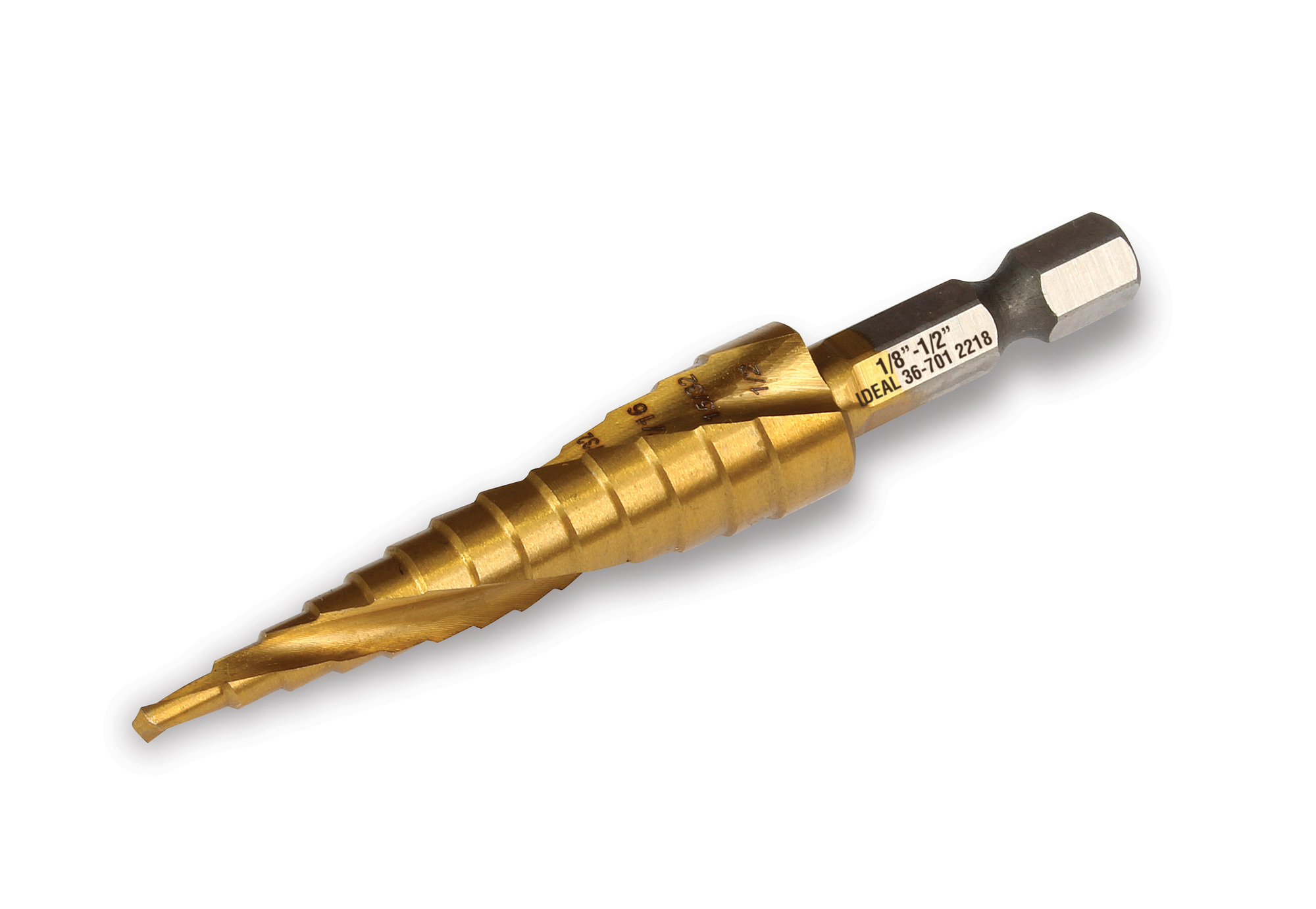 36-701 Step Drill Bit, 1/8 in Dia Min Hole, 1/2 in Dia Max Hole, 13 Steps, M35 HSS/Cobalt, 1/4 in Shank
