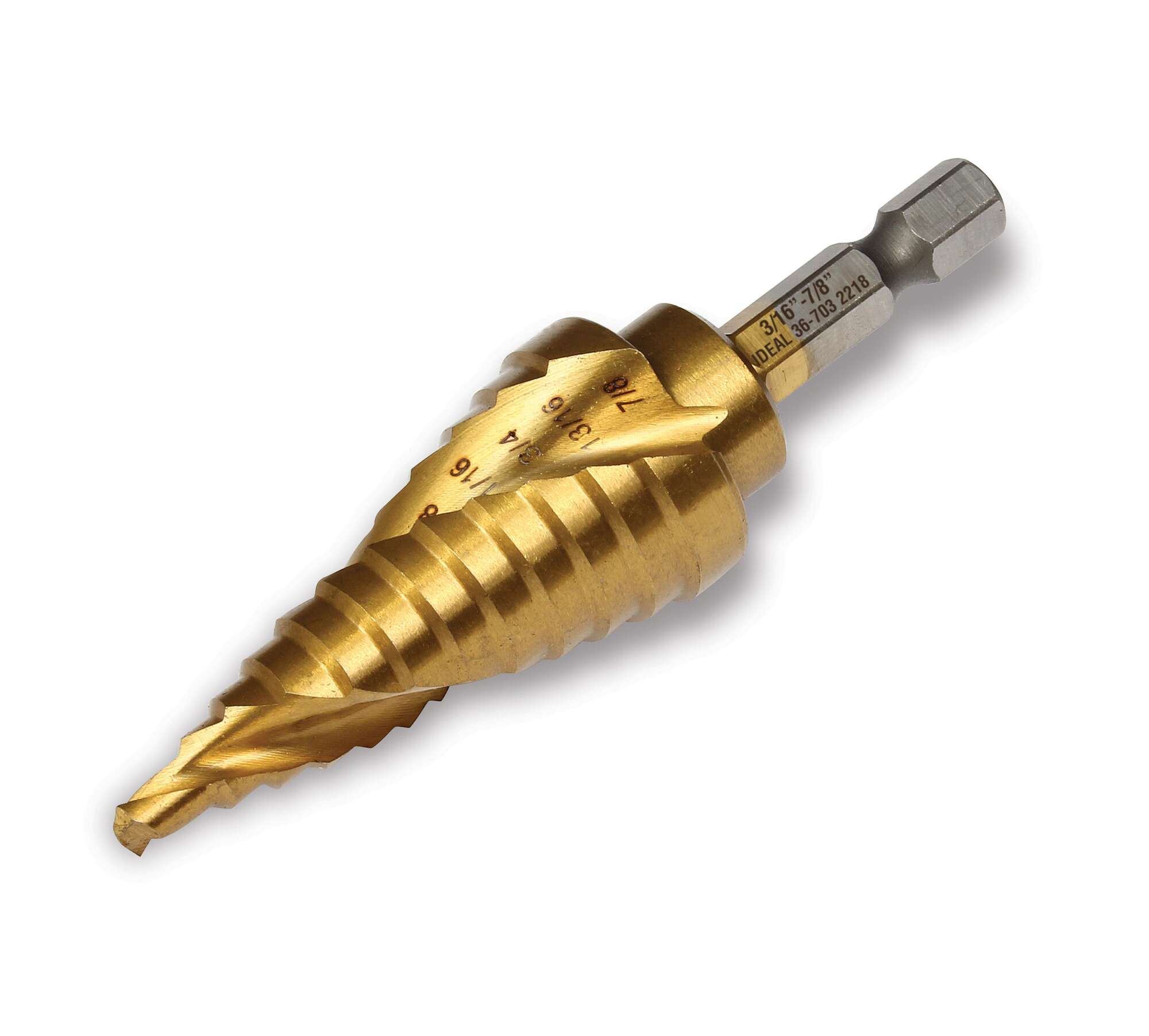 36-703 Step Drill Bit, 3/16 in Dia Min Hole, 7/8 in Dia Max Hole, 12 Steps, M35 HSS/Cobalt, 1/4 in Shank