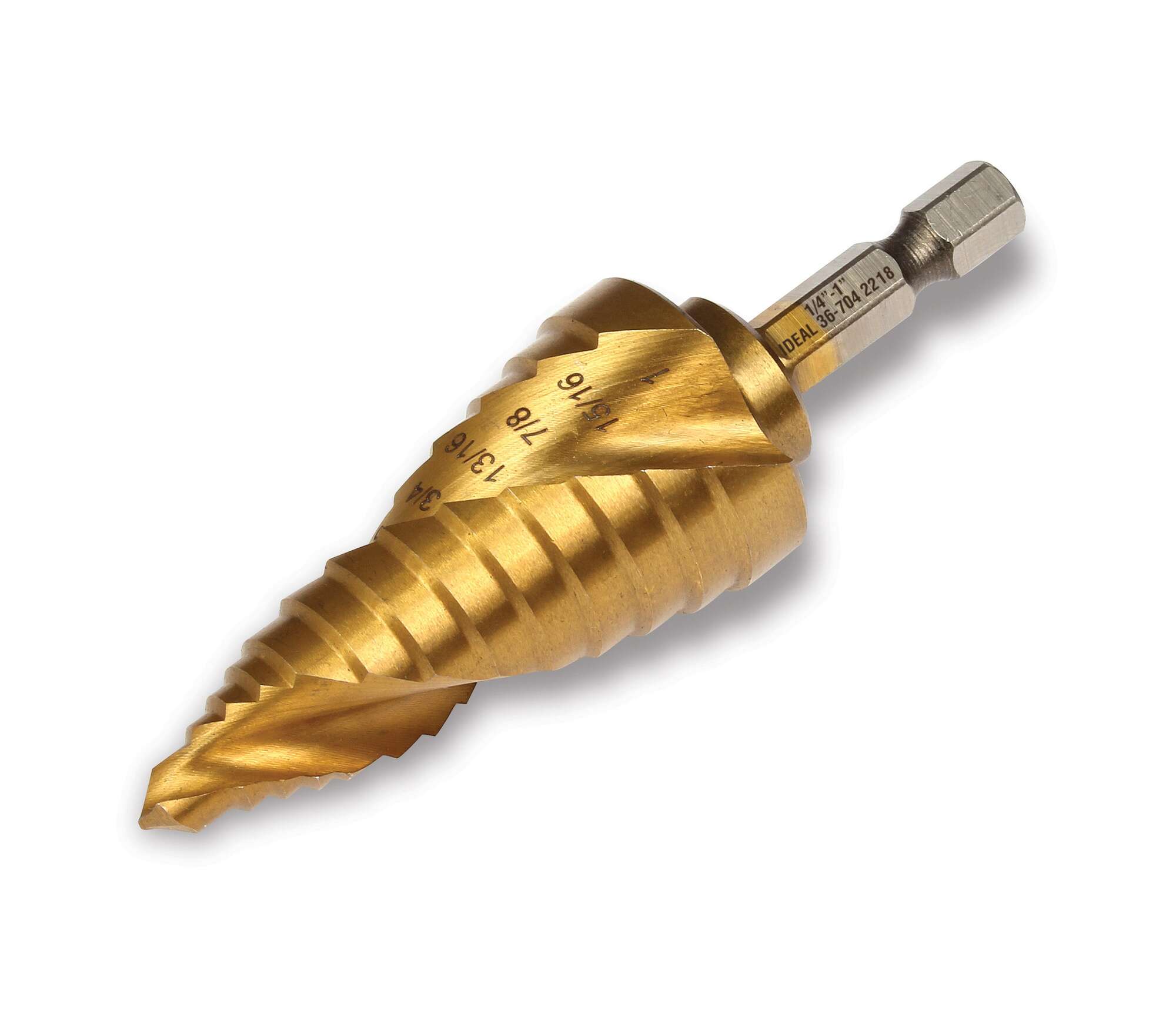 36-704 Step Drill Bit, 1/4 in Dia Min Hole, 1 in Dia Max Hole, 13 Steps, M35 HSS/Cobalt, 1/4 in Shank