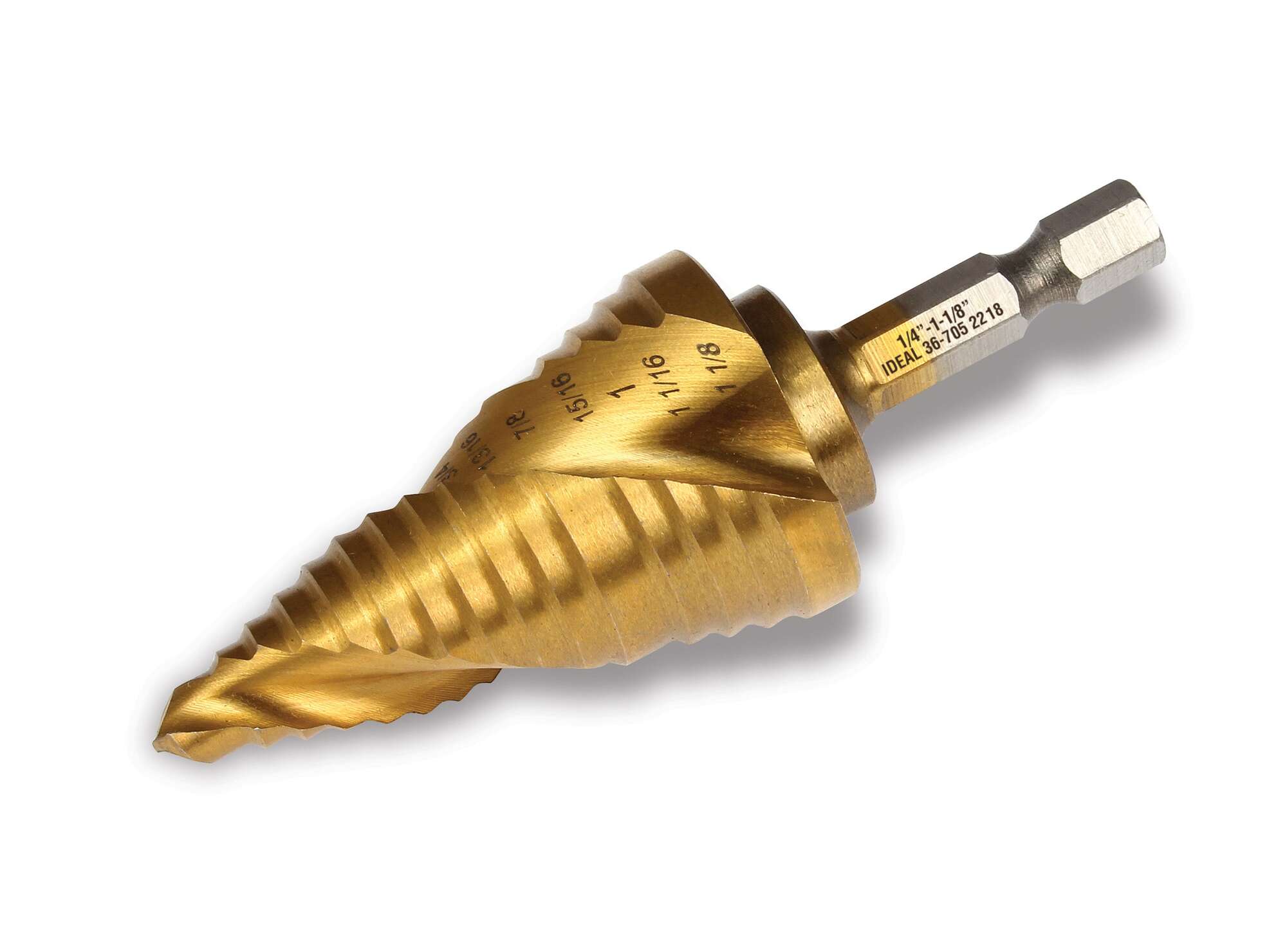 36-705 Step Drill Bit, 1/4 in Dia Min Hole, 1-1/8 in Dia Max Hole, 15 Steps, M35 HSS/Cobalt, 1/4 in Shank