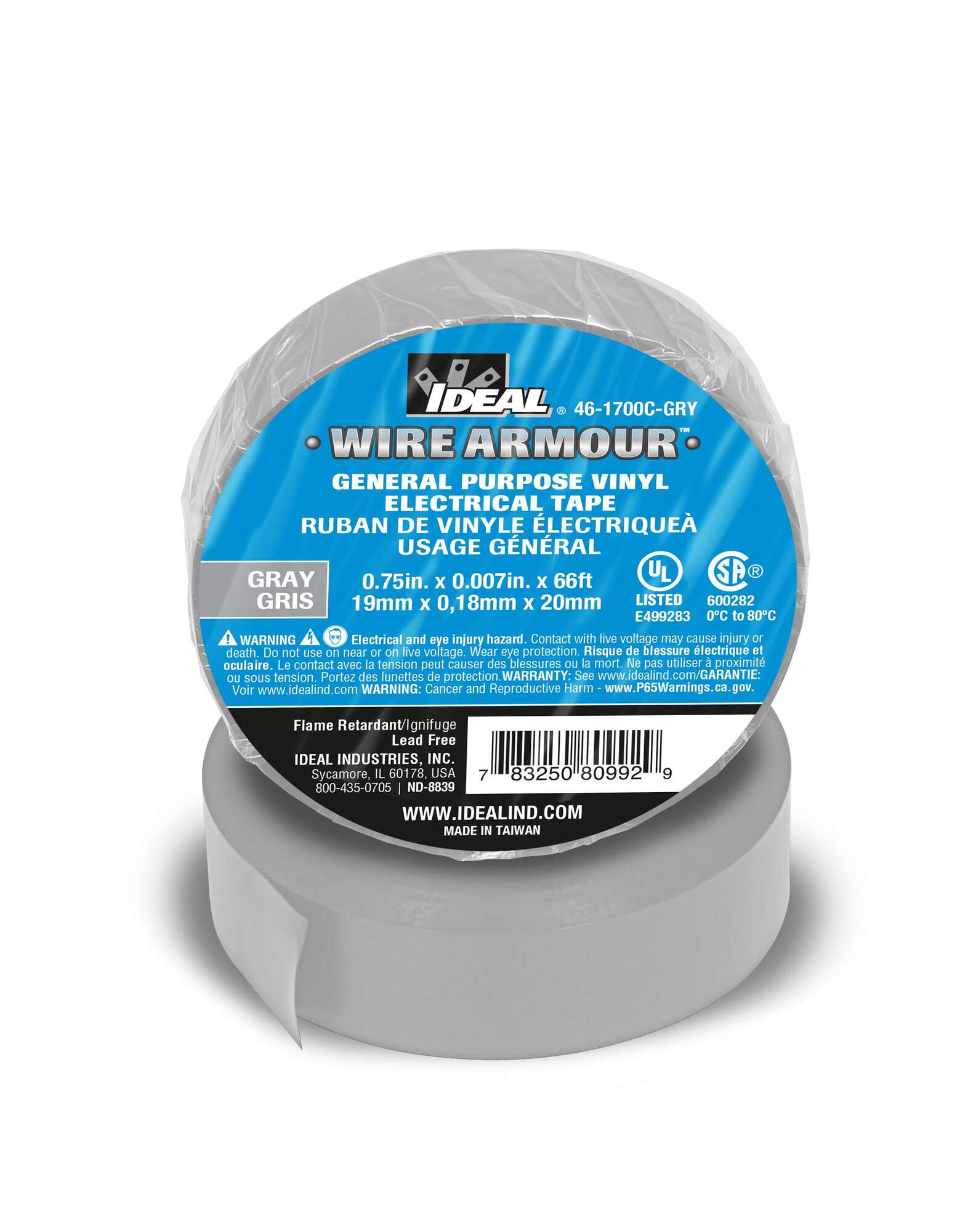 46-1700C-GRY Wire Armour Electrical Tape, 66 ft L x 3/4 in W, 7 mil THK, Vinyl, Rubber Adhesive, Gray