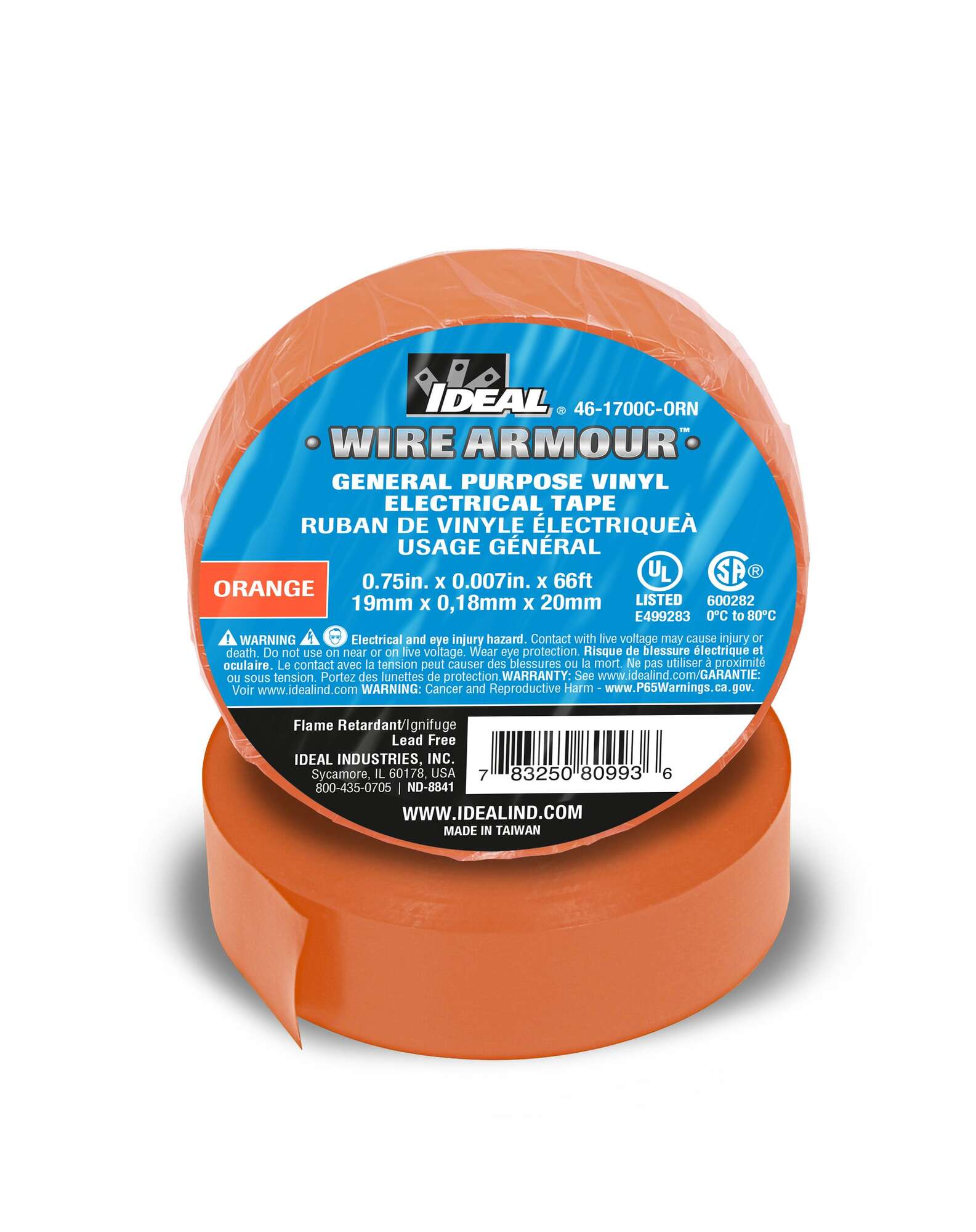 46-1700C-ORN Wire Armour Electrical Tape, 66 ft L x 3/4 in W, 7 mil THK, Vinyl, Rubber Adhesive, Orange