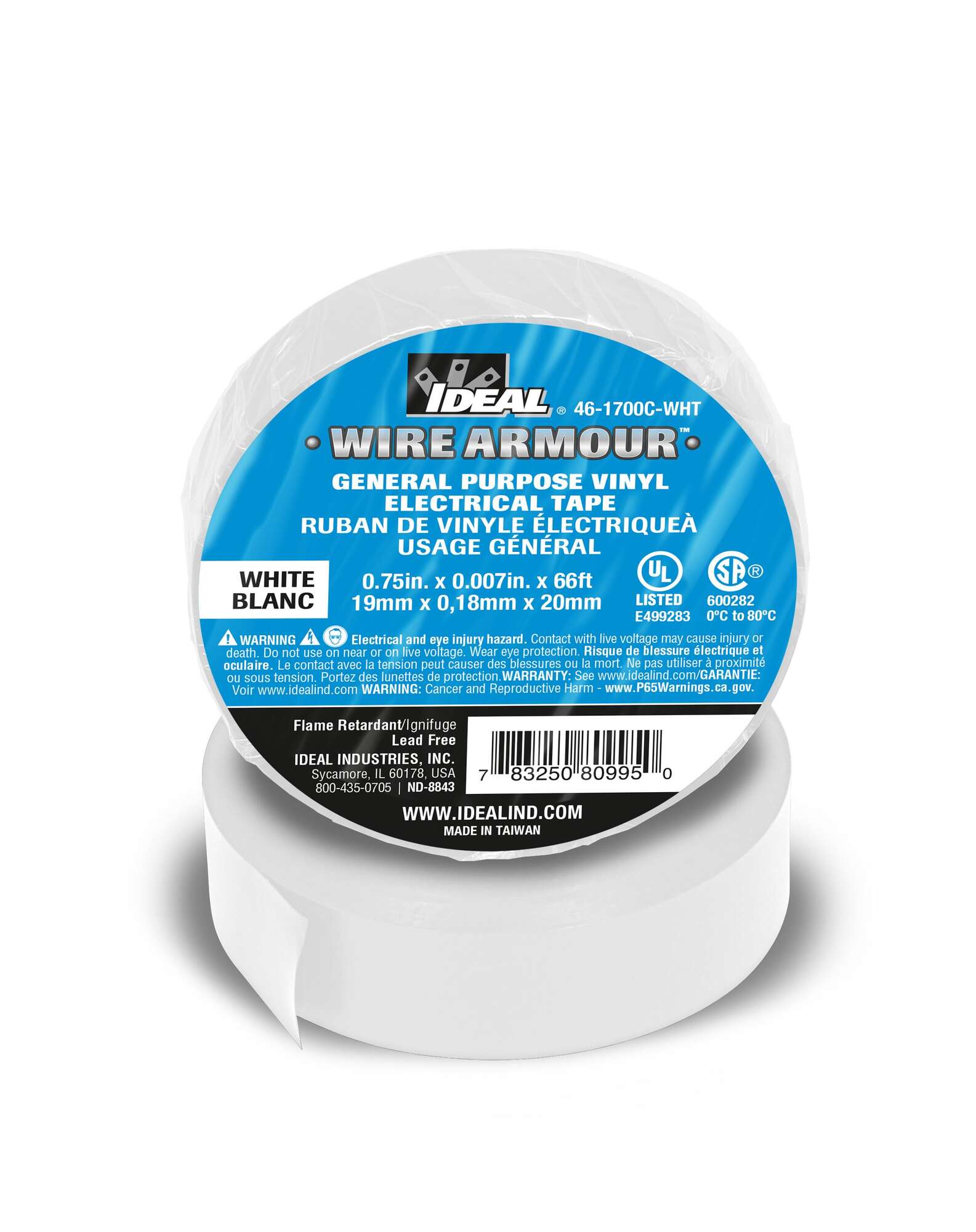 46-1700C-WHT Wire Armour Electrical Tape, 66 ft L x 3/4 in W, 7 mil THK, Vinyl, Rubber Adhesive, White