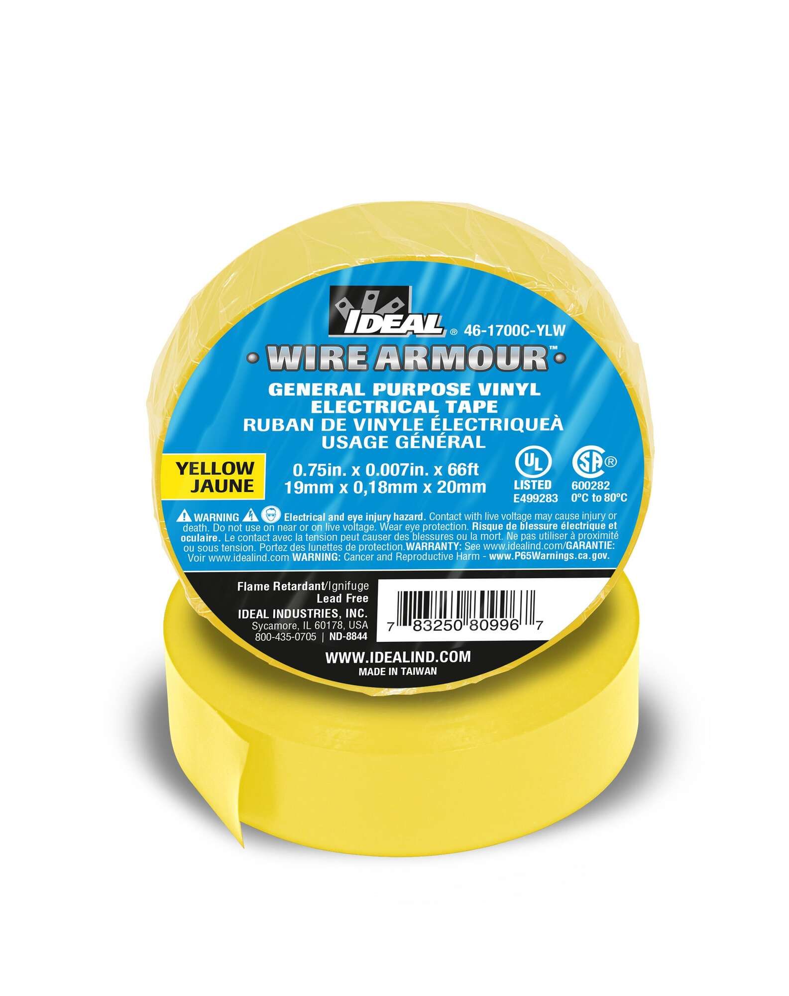 46-1700C-YLW Wire Armour Electrical Tape, 66 ft L x 3/4 in W, 7 mil THK, Vinyl, Rubber Adhesive, Yellow