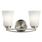 The Tao collection 2-light 14.5in; bath light  comes in a Brushed Nickel finish. The collections Asian influence takes many forms, from balanced cage-like structures to rectangular lantern-inspired glass. The result is a look thatfts pure and peaceful, with a nod towards arts & crafts style.