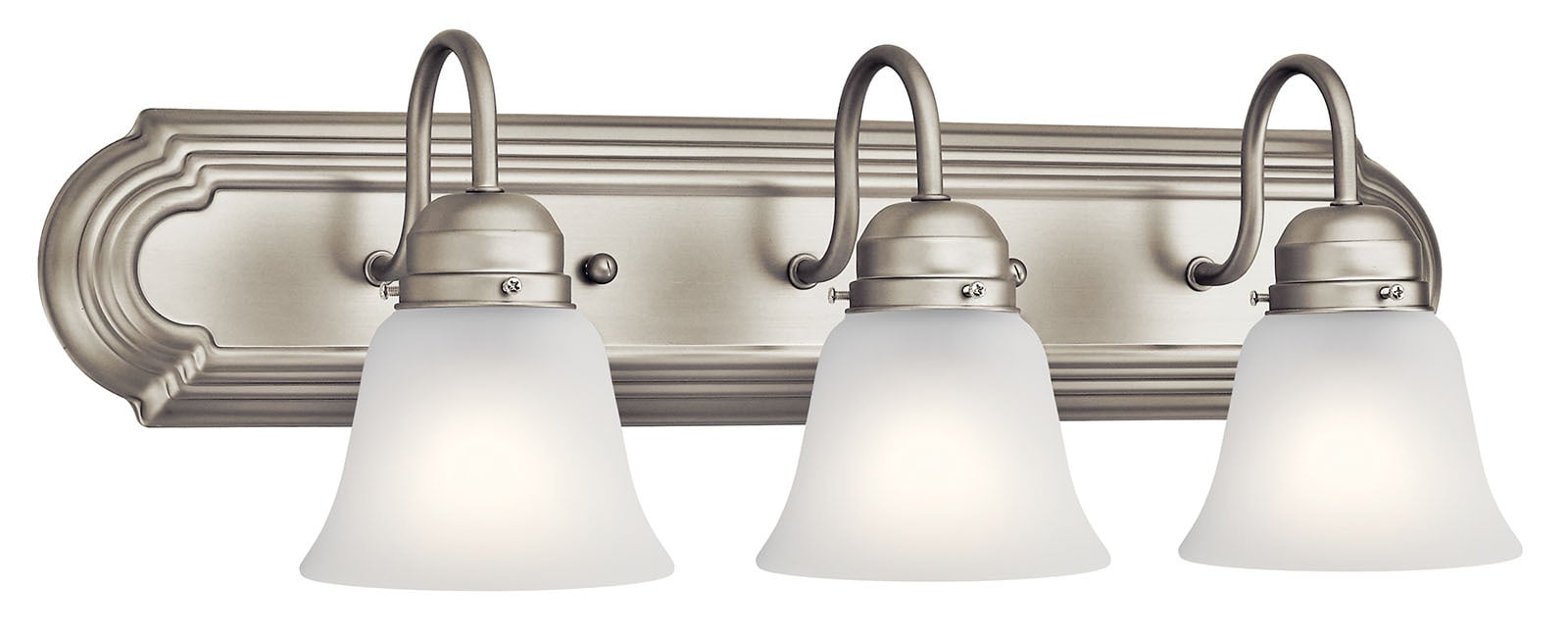 The modern lines of this 24in; 3-light bath light fixture in a Brushed Nickel finish with Satin Etched glass will blend into many decors.