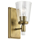 With a clear crystal tube as its centerpiece, the Audrea(TM) collection 1-light wall sconce combines a popular Natural Brass finish and other materials for maximum visual effect. The look draws on the popularity of Lucite accents found on furniture, hardware and other homedacor pieces.
