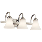 The Keiran(TM) 22in; 3 light LED vanity light features a classic look with its Brushed Nickel finish and bell shaped satin etched white glass. The Keiran vanity light is perfect in several aesthetic environments, including transitional and traditional.