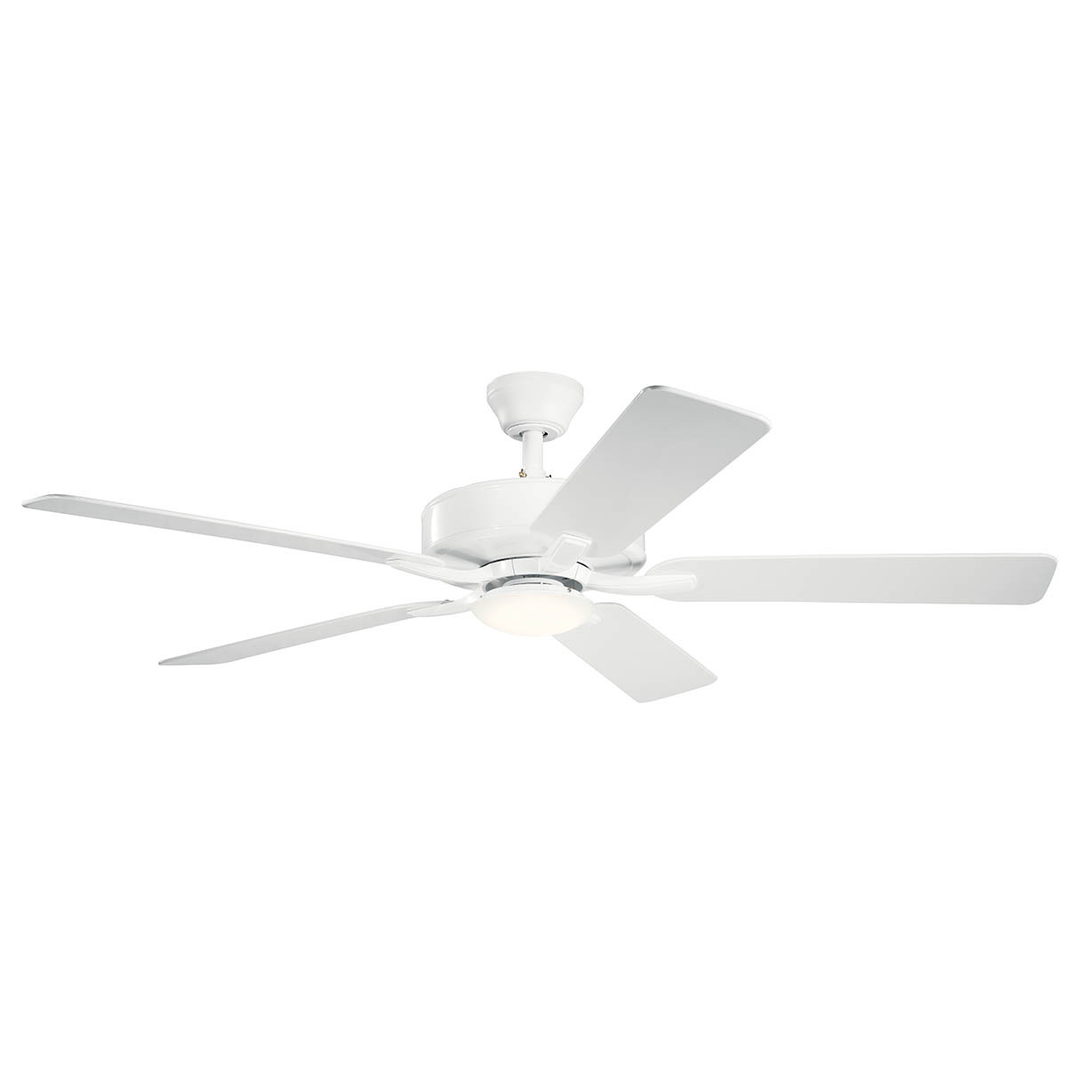 Equipped with an integrated LED light and handheld wall control, the Basics Pro Designer ceiling fan with Matte White finish complements a variety ofdacors and lighting styles.
