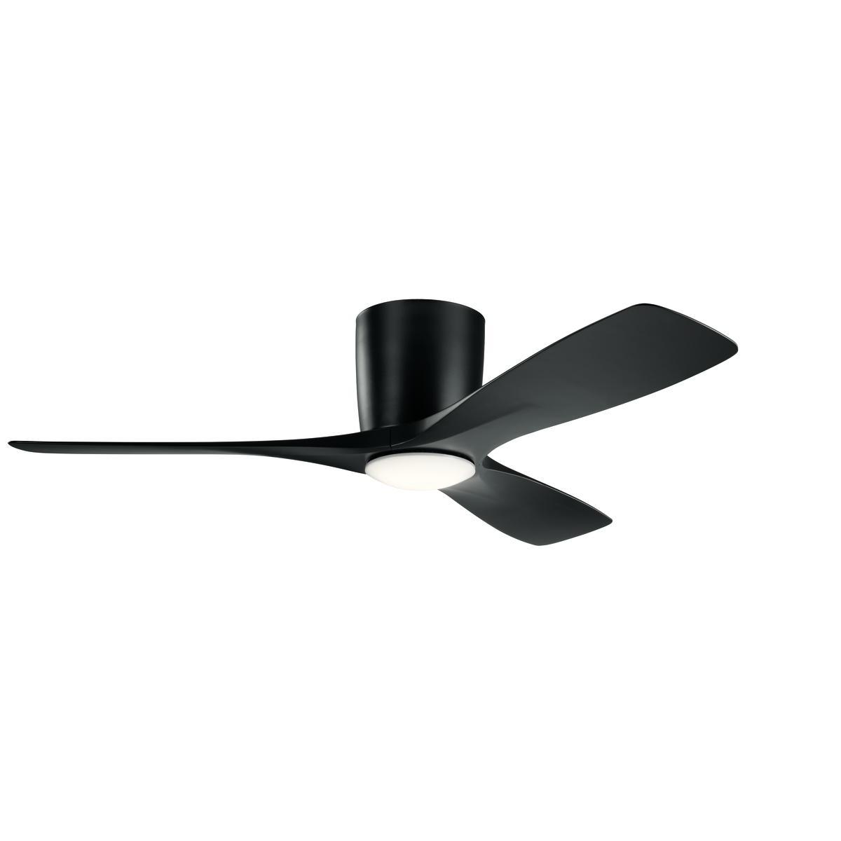 The beautifully designed Volos hugger-style ceiling fan offers sculpted blades, integrated LED light, Satin Black finish and a full function wall control system for optimal comfort.