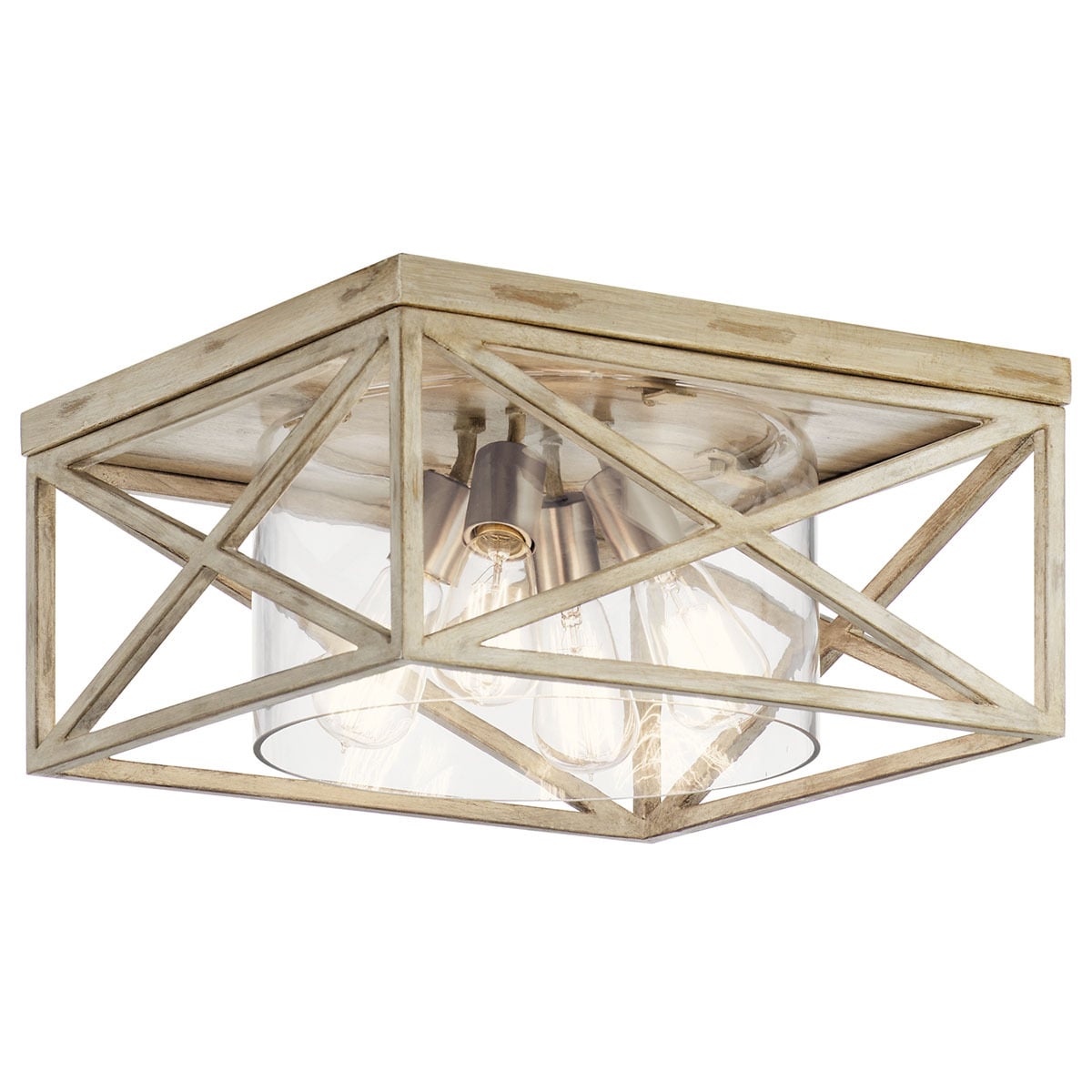 The Moorgate(TM) 16in; 4 Light Flush Mount with Clear Glass in Distressed Antique White features a clean approach to a traditional X frame common in wood furniture, country dacor, and barn doors. Its single large glass shade allows the four bulbs to be seen, giving your room added dimension. Brushed Nickel Socket Covers add a touch of rustic sophistication.