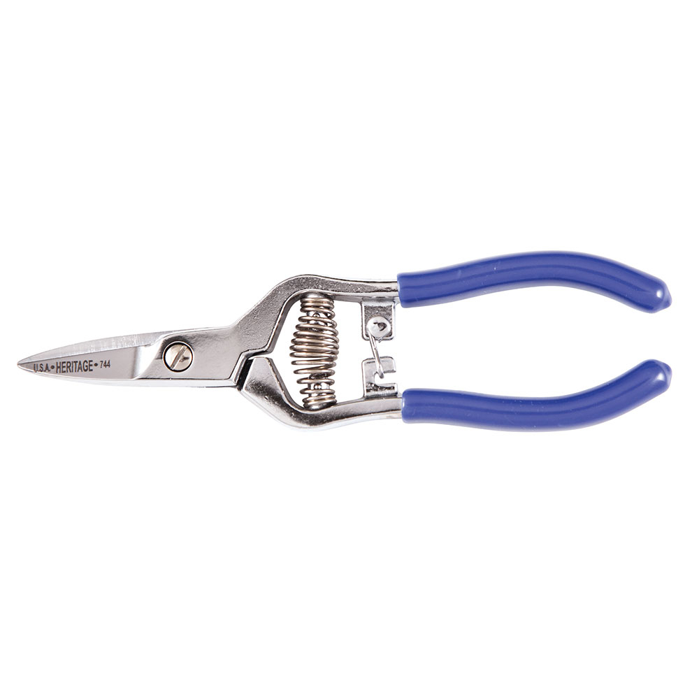 744 Heritage Self-Opening Spring Action Snip, Pointed Tip, 1 in L of Cut, Straight Snip, Carbon Steel Blade, Plastisol Coated Handle