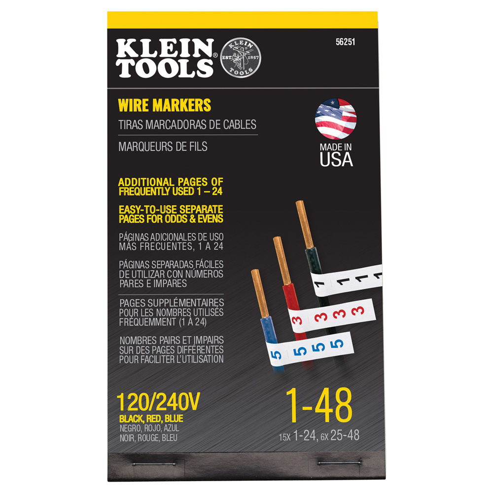56251 14-Page 3-Phase Strong Tack Adhesive Wire Marker Book, 5-1/2 in L x 3-21/64 in W, Black/Blue/Red Printed on White, Cloth