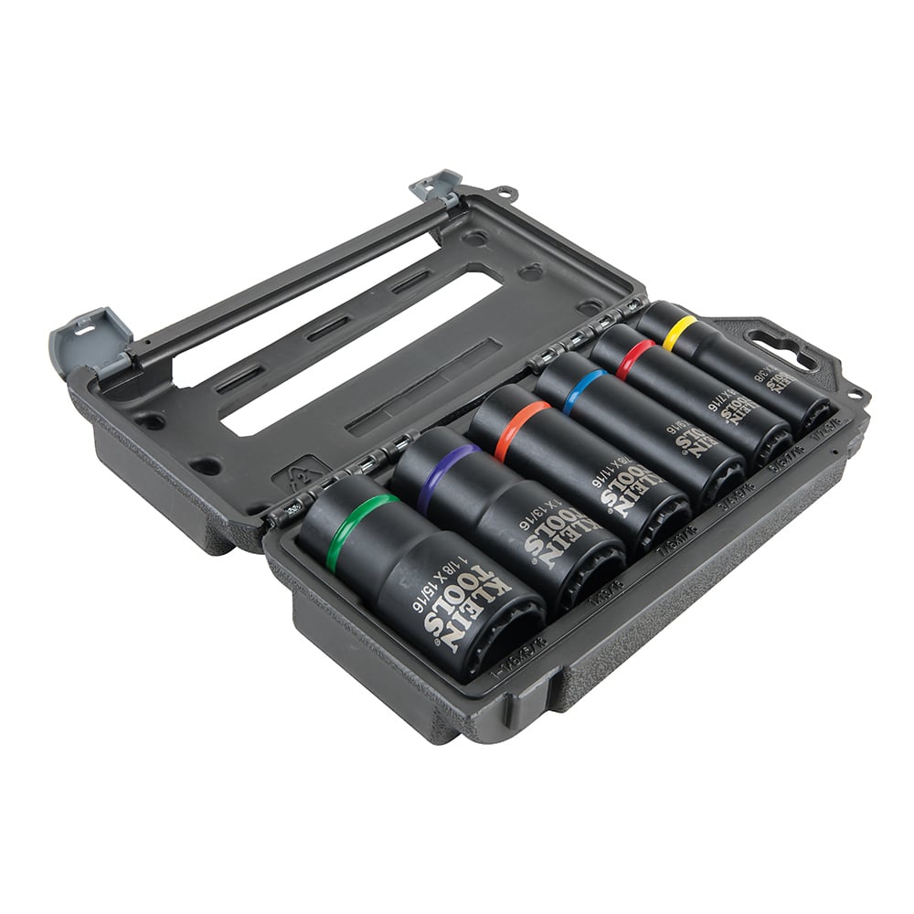 66010 2-in-1 Impact Socket Set, ASME B107.2, 12 Points, 1/2 in Drive, 6 Pieces, Included Socket Size: 1-1/8 x 15/16 in, 1 x 13/16 in, 7/8 x 11/16 in, 3/4 x 9/16 in, 5/8 x 7/16 in and 1/2 x 3/8 in, Carrying Case Container