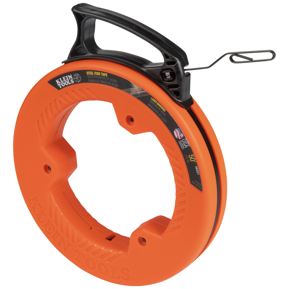 56331 Fish Tape, 0.125 in W x 0.045 in THK Tape, 50 ft L Tape, Double Loop Profile, Steel Tape, Black/Orange
