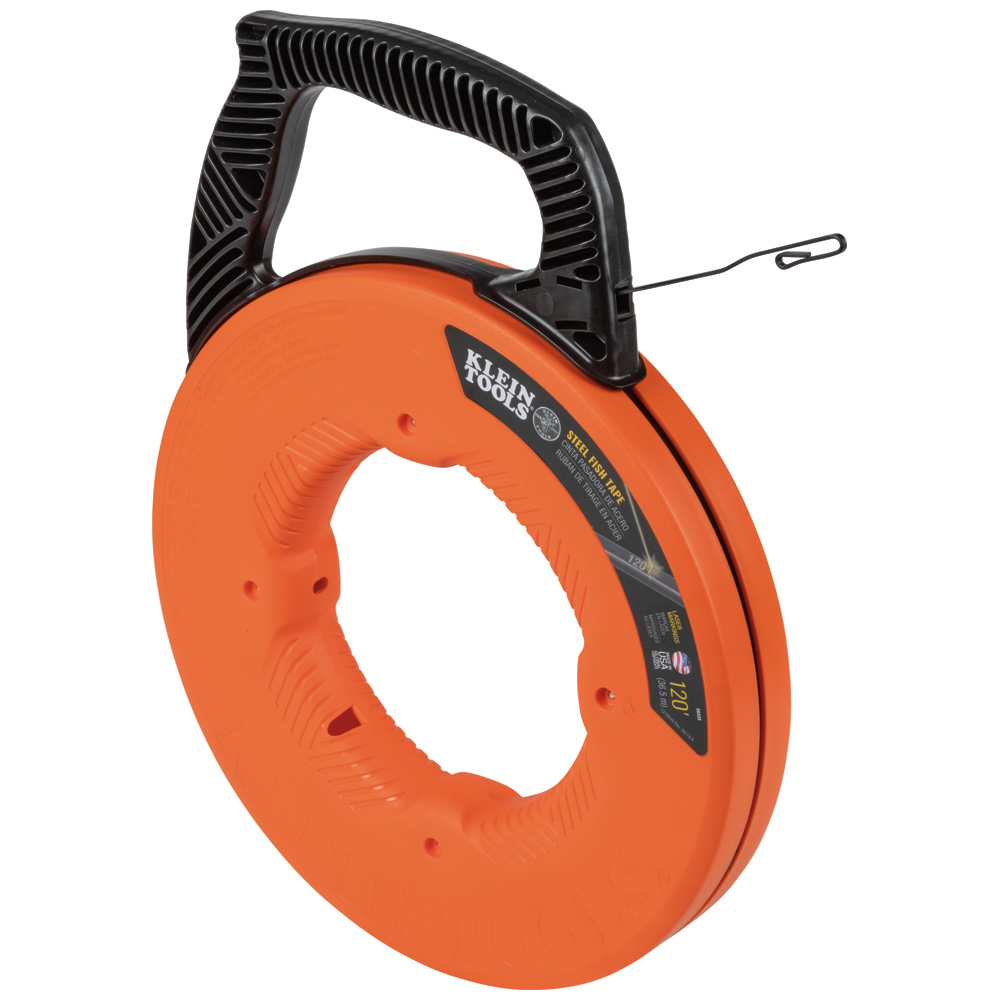 56333 Durable Slip-Resistant Fish Tape, 0.125 in W x 0.062 in THK Tape, 120 ft L Tape, Double Loop Profile, Steel Tape, Black/Orange