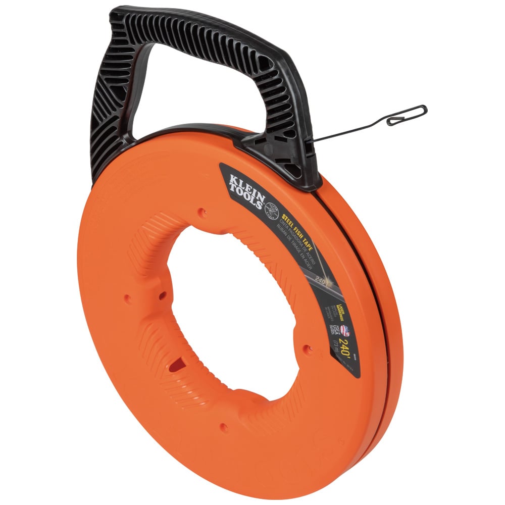 56334 Double Loop Fish Tape, 0.125 in W x 0.062 in THK Tape, 240 ft L Tape, High Carbon Steel Tape, Black/Orange