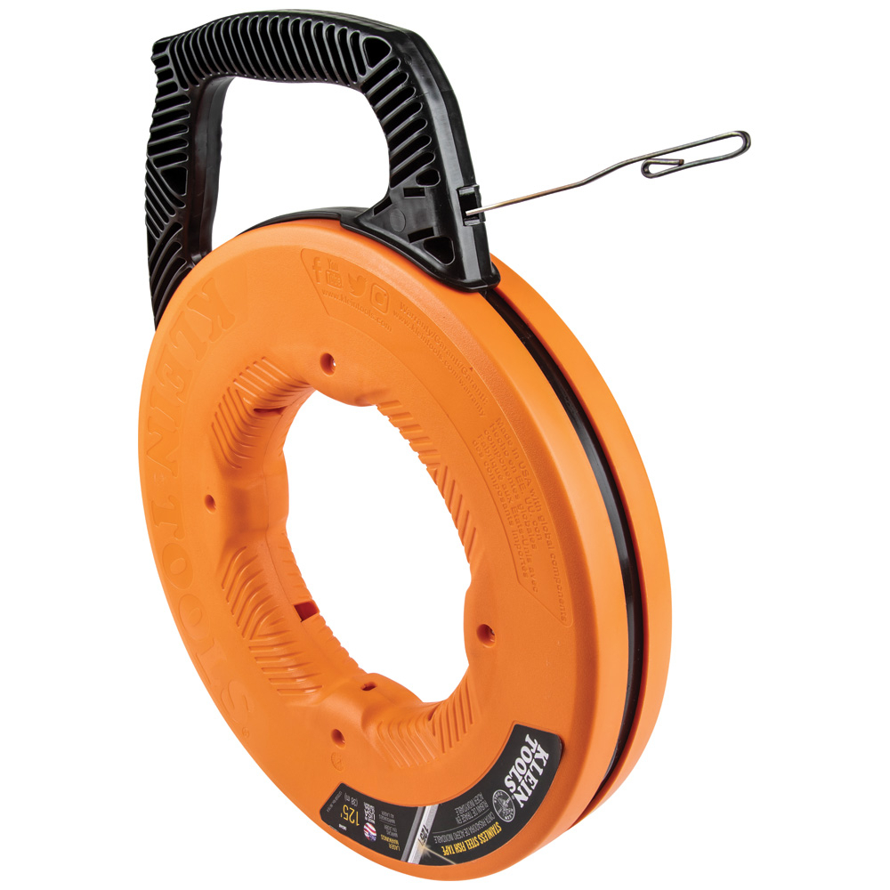 56340 Fish Tape, 0.125 in W x 0.062 in THK Tape, 125 ft L Tape, Double Loop Profile, Stainless Steel Tape, Black/Orange