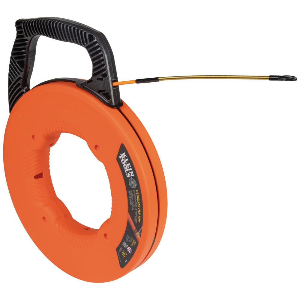 56350 Fish Tape With Spiral Steel Leader, 0.182 in THK Tape, 50 ft L Tape, Spiral Steel Leader Profile, S-Glass Fiberglass Tape, Black/Orange