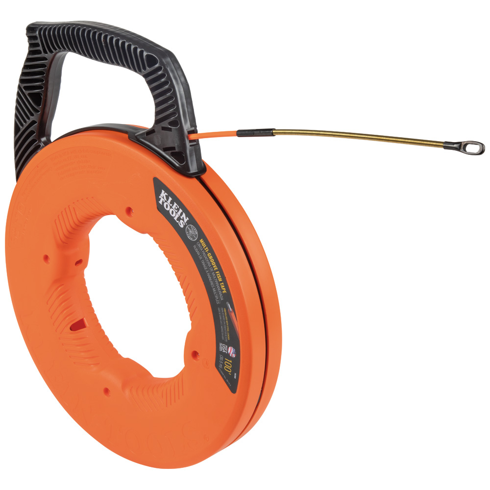 56380 Multi-Groove Fish Tape With Spiral Steel Leader, 0.182 in W Tape, 100 ft L Tape, Fiberglass Tape, Black/Orange