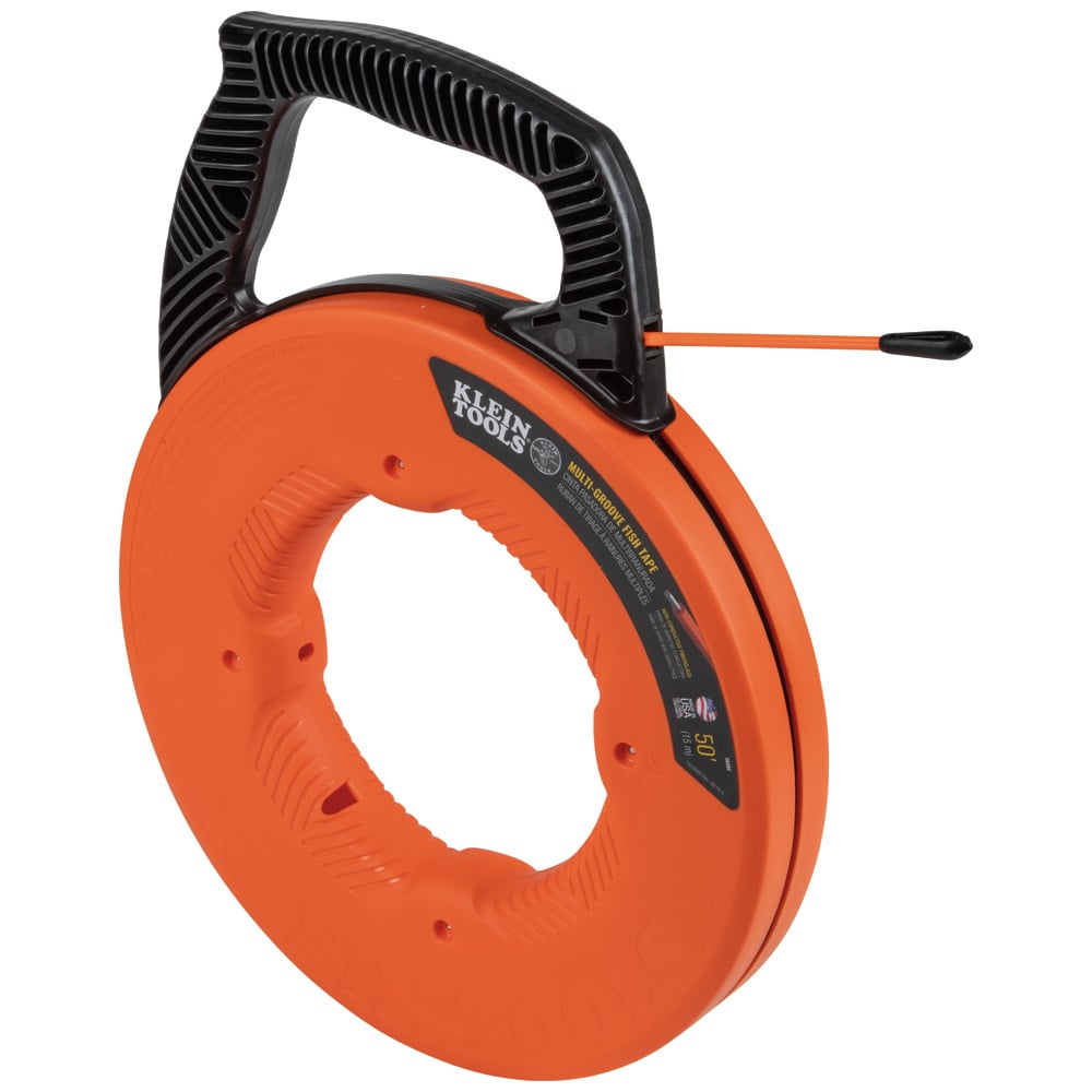 56382 Multi-Groove Fish Tape With Non-Conductive Nylon Tip, 0.182 in THK Tape, 50 ft L Tape, Non-Conductive Nylon Eyelet Profile, Fiberglass Tape, Black/Orange