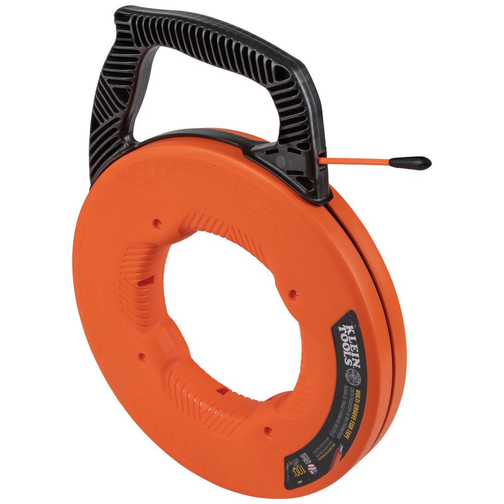 56383 Multi-Groove Fish Tape With Non-Conductive Nylon Tip, 0.182 in THK Tape, 100 ft L Tape, Non-Conductive Nylon Eyelet Profile, Fiberglass Tape, Black/Orange